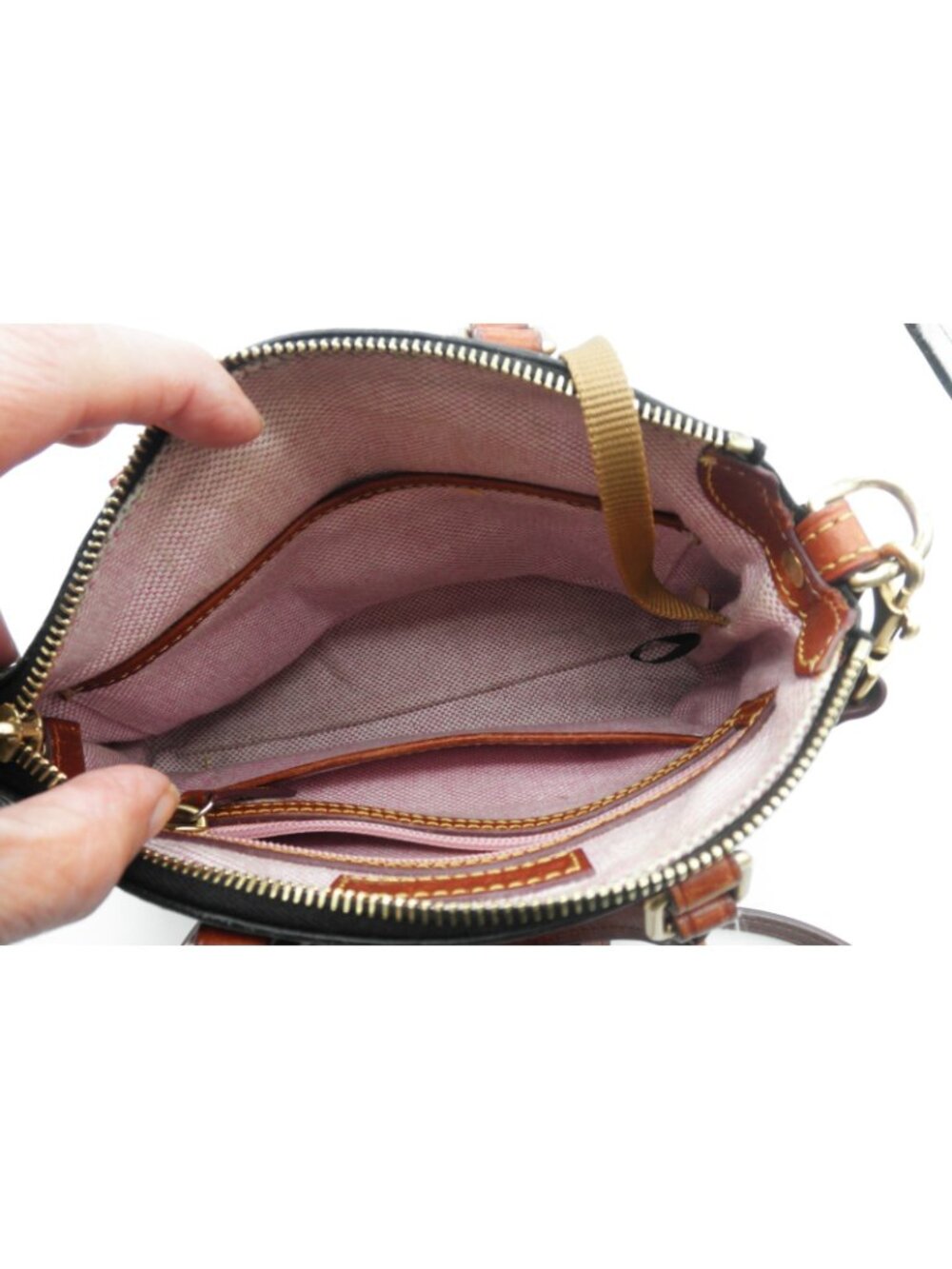 Dooney & Bourke Black Pebbled Leather Brown Accents Crossbody Satchel Handles - Picture 8 of 16